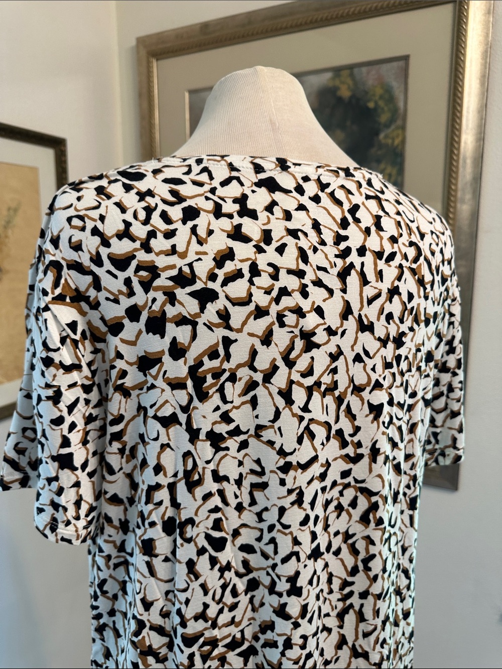 NINE WEST Soft Spun Short Sleeve Cream/Black/Camel Pattern Top XXL - Picture 10 of 11